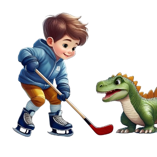Kinder T-Shirt Junge spielt Eishockey mit Dino