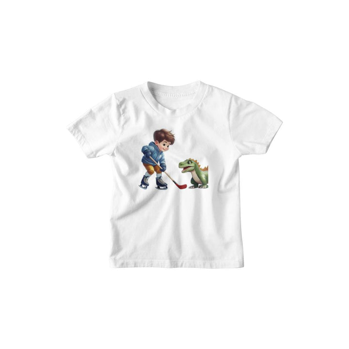 Kinder T-Shirt Junge spielt Eishockey mit Dino