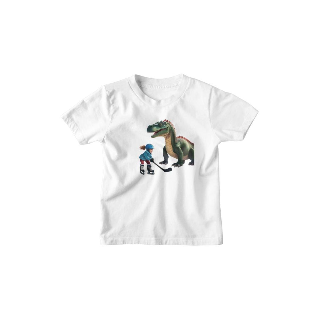 Kinder T-Shirt Mädchen spielt Eishockey mit Dino