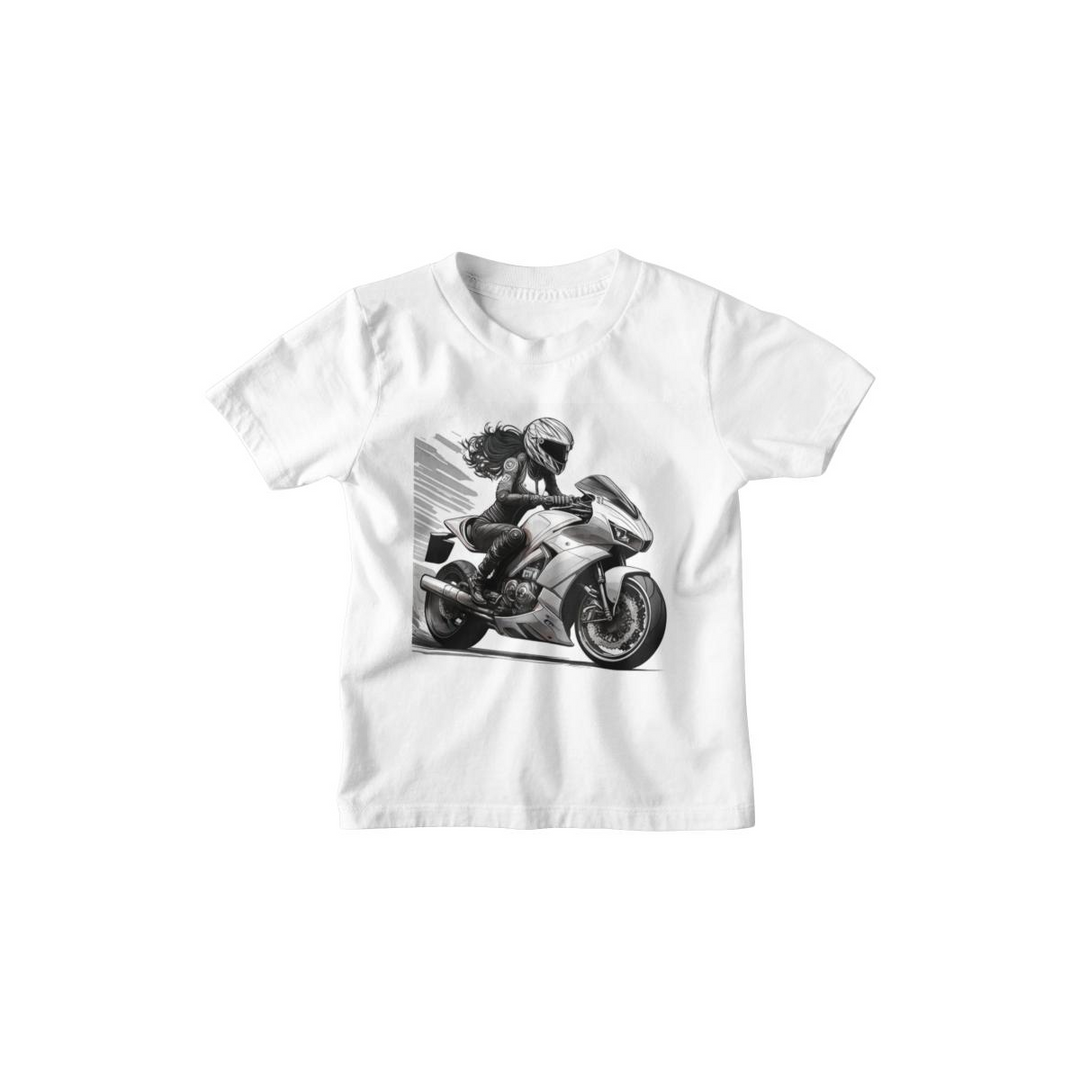 Kinder T-Shirt Schwarz-Weisse Motorradfahrerin