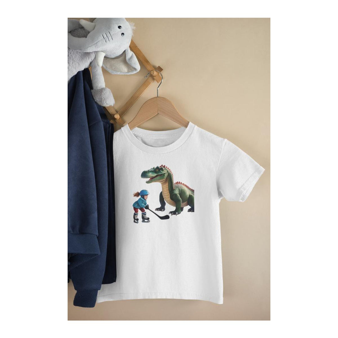 Kinder T-Shirt Mädchen spielt Eishockey mit Dino