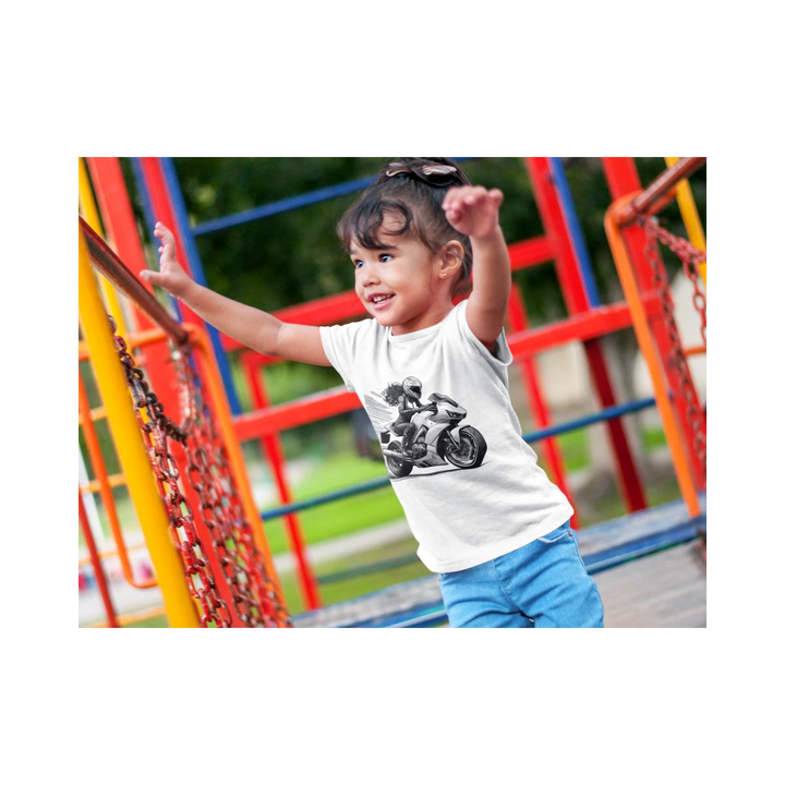 Kinder T-Shirt Schwarz-Weisse Motorradfahrerin