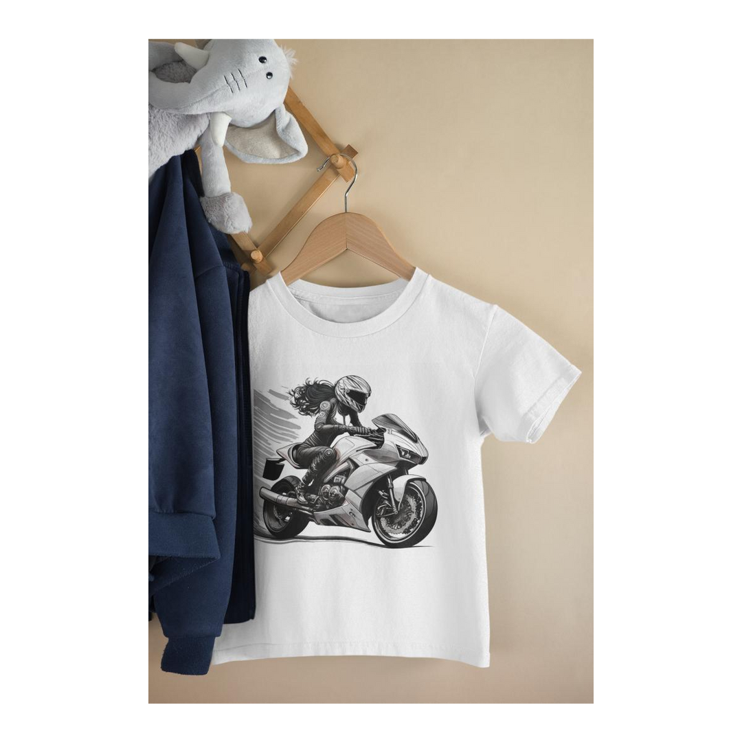 Kinder T-Shirt Schwarz-Weisse Motorradfahrerin