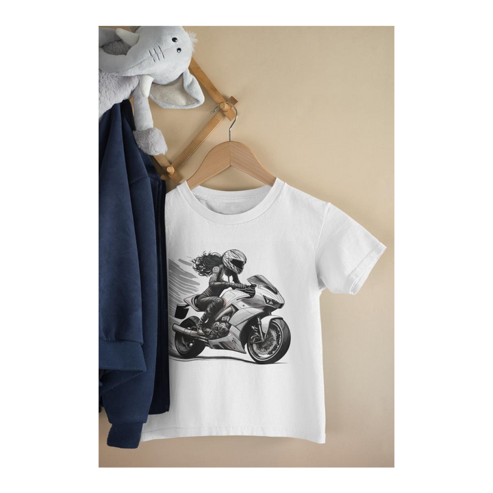 Kinder T-Shirt Schwarz-Weisse Motorradfahrerin