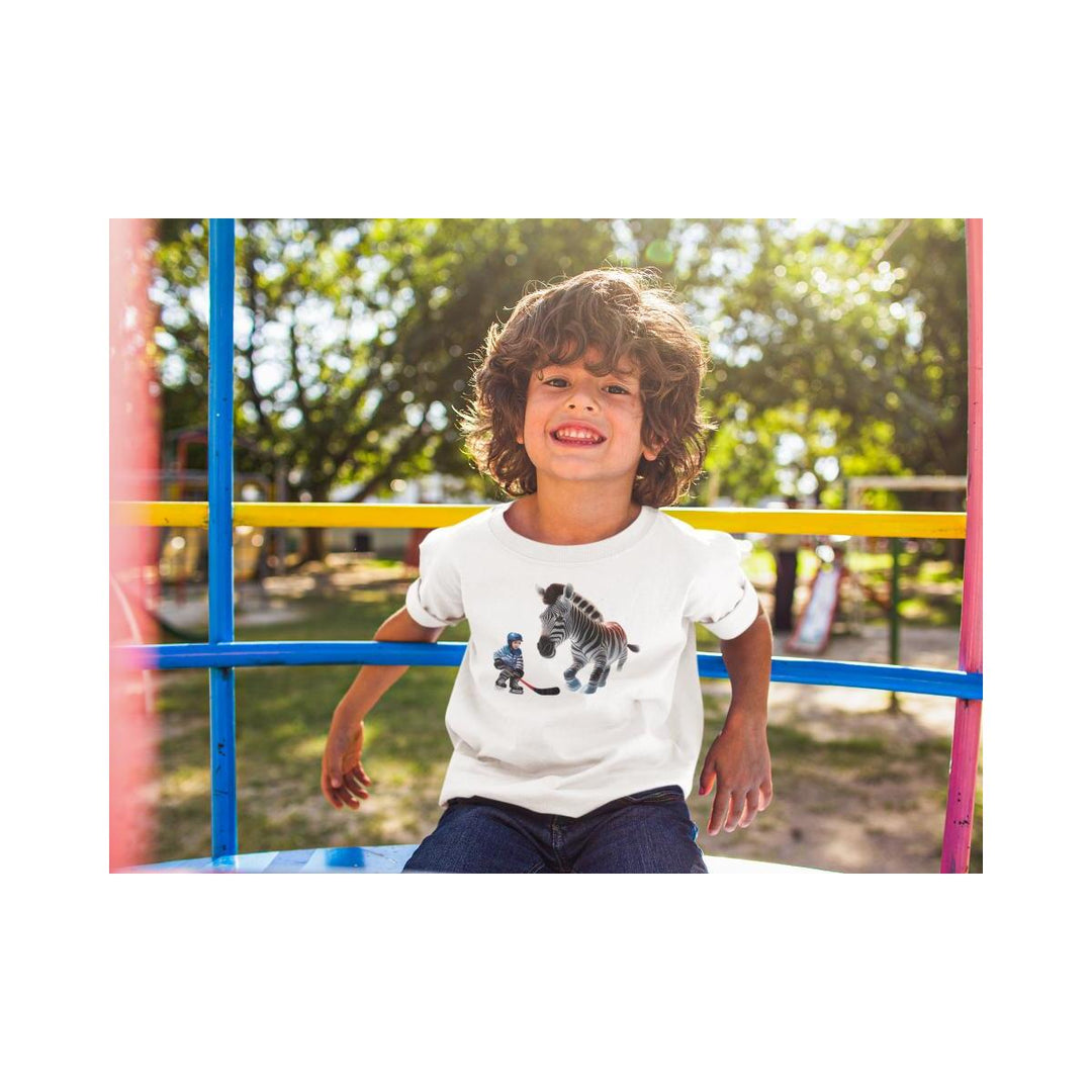 Kinder T-Shirt Zebra spielt Eishockey mit Jungen