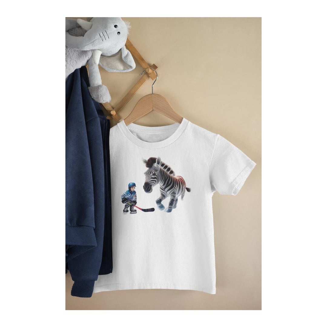Kinder T-Shirt Zebra spielt Eishockey mit Jungen