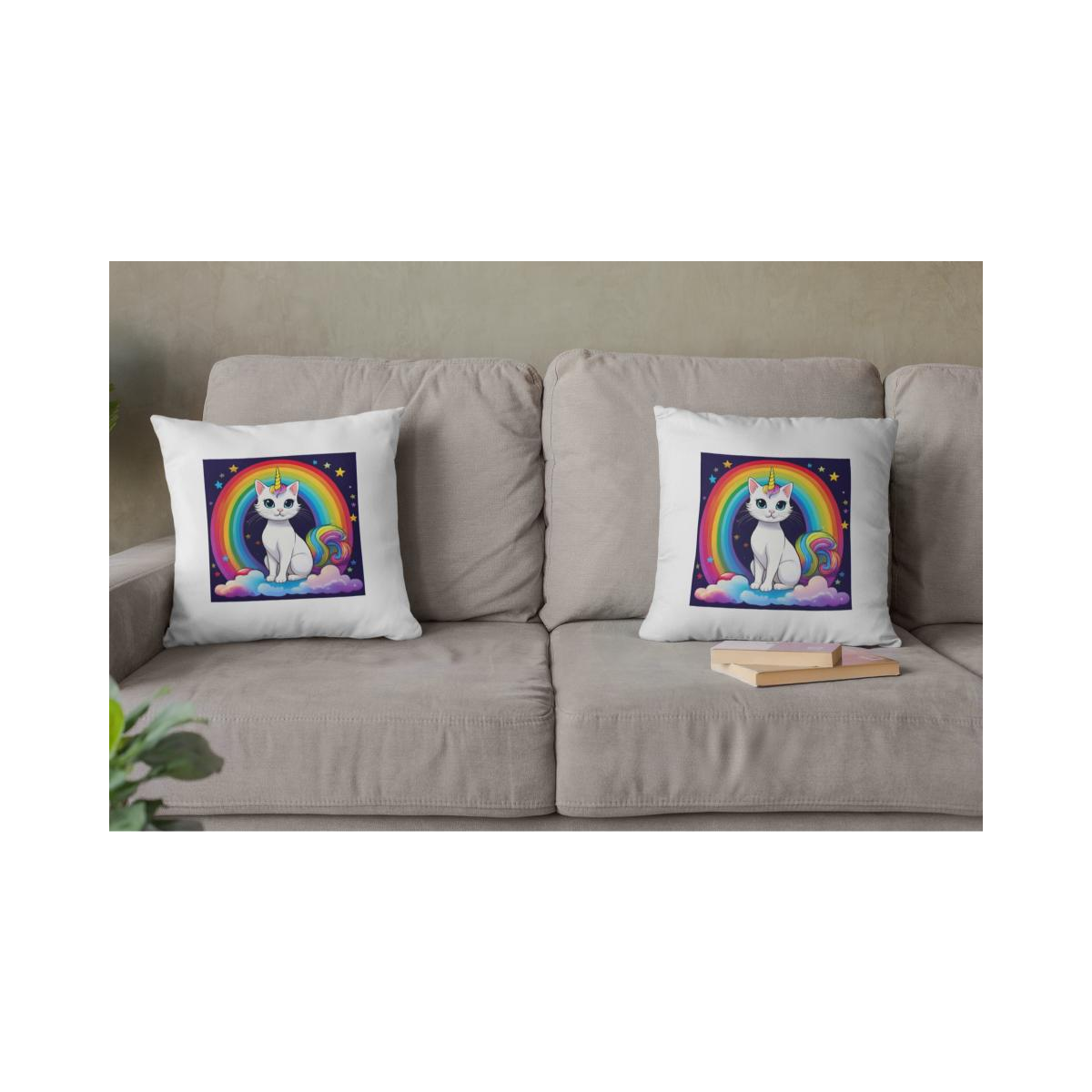 Dekokissen-Set Cute Unicorn Cat on Rainbow